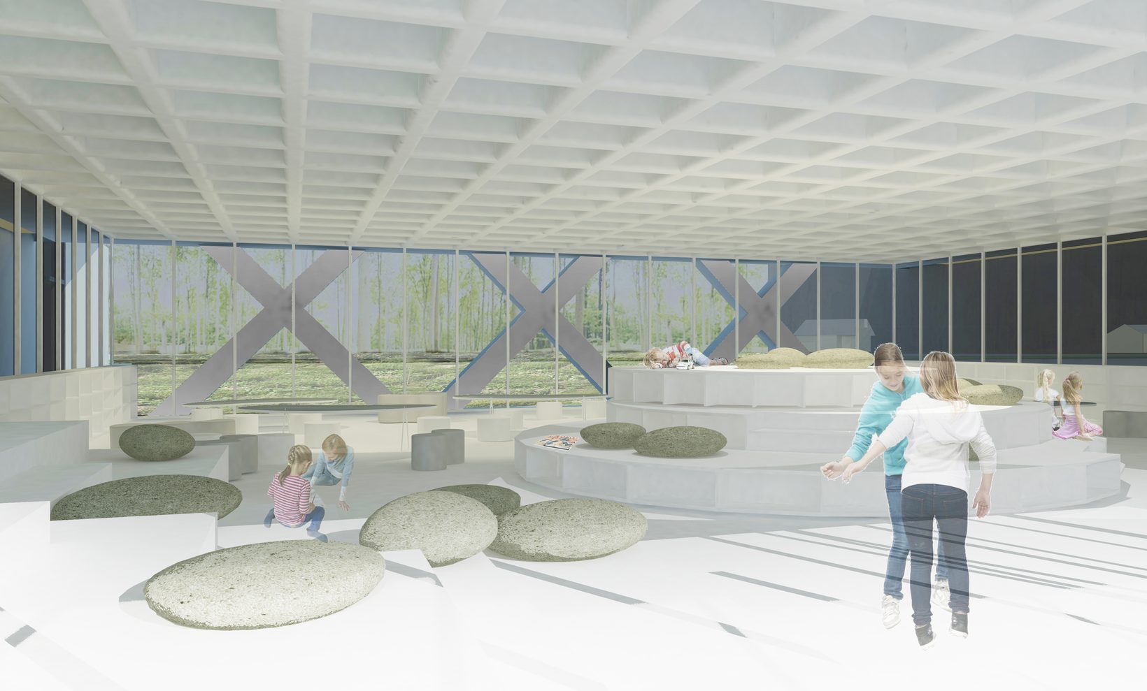 The library: children on stepped seating and large soft stones beneath a coffered ceiling, glazing to the trees