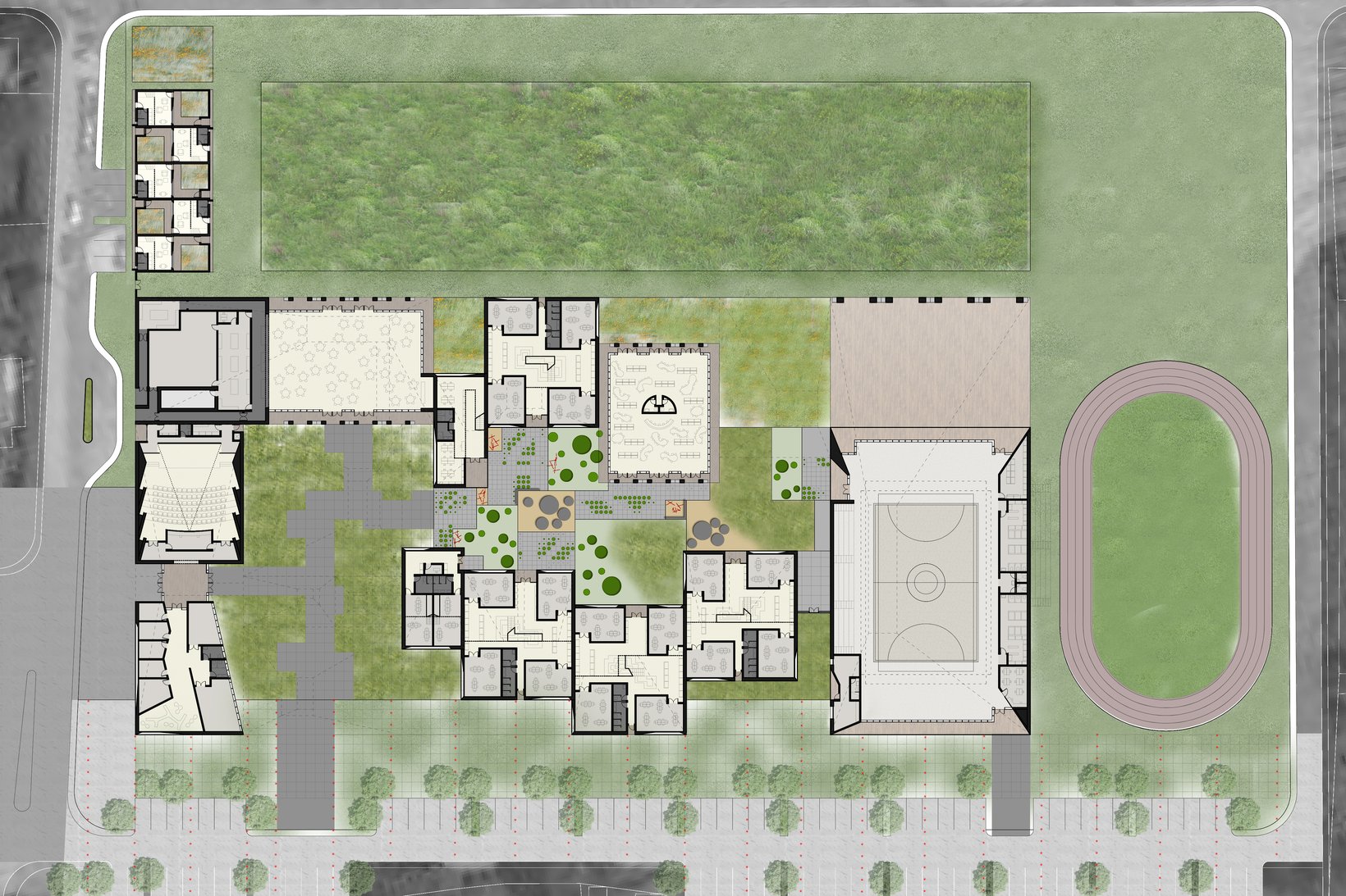 Ground floor plan over an aerial photograph: clustered buildings, courtyards, a gymnasium and a running track