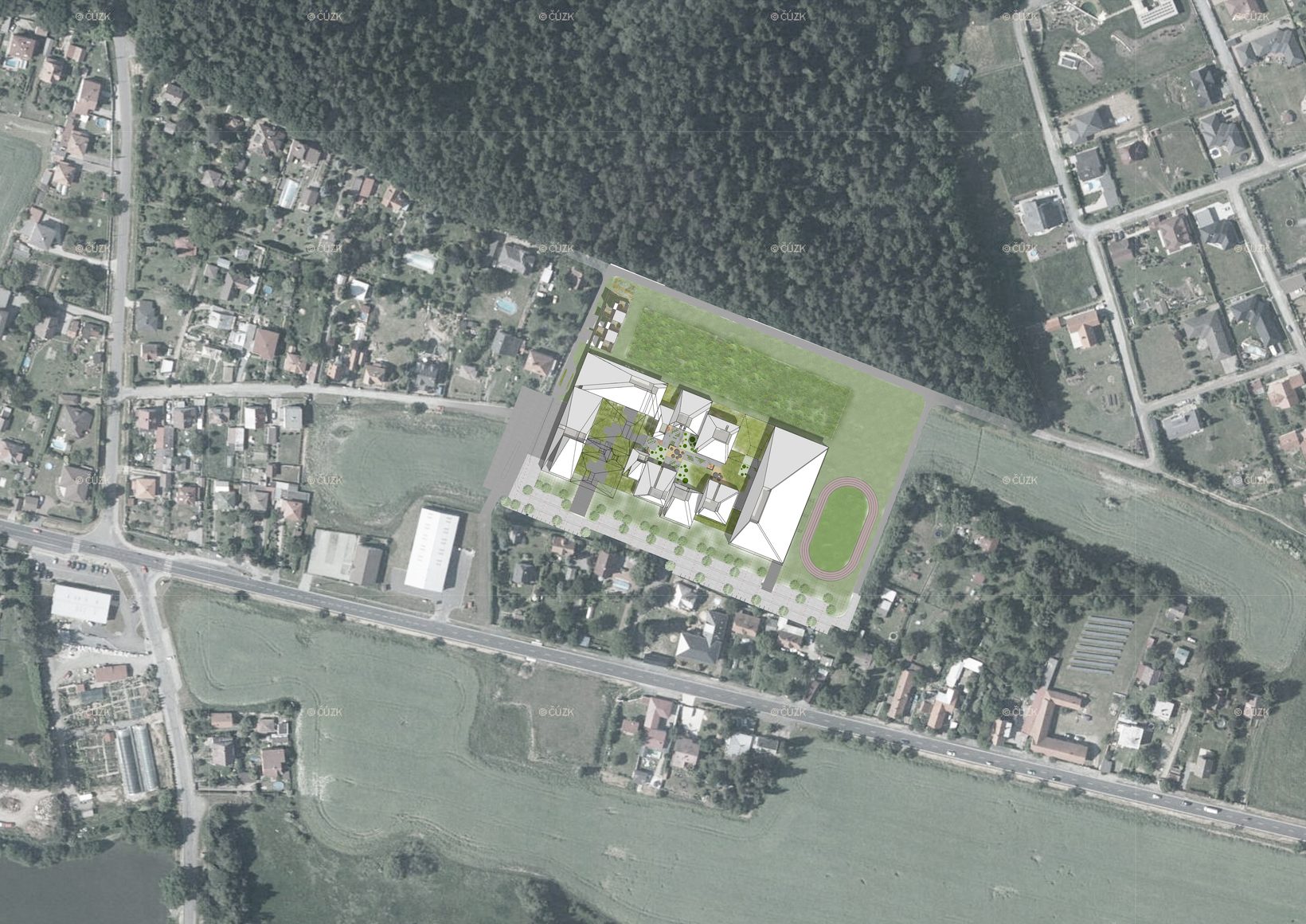 Aerial photograph of Louňovice with the school site marked between village houses and forest