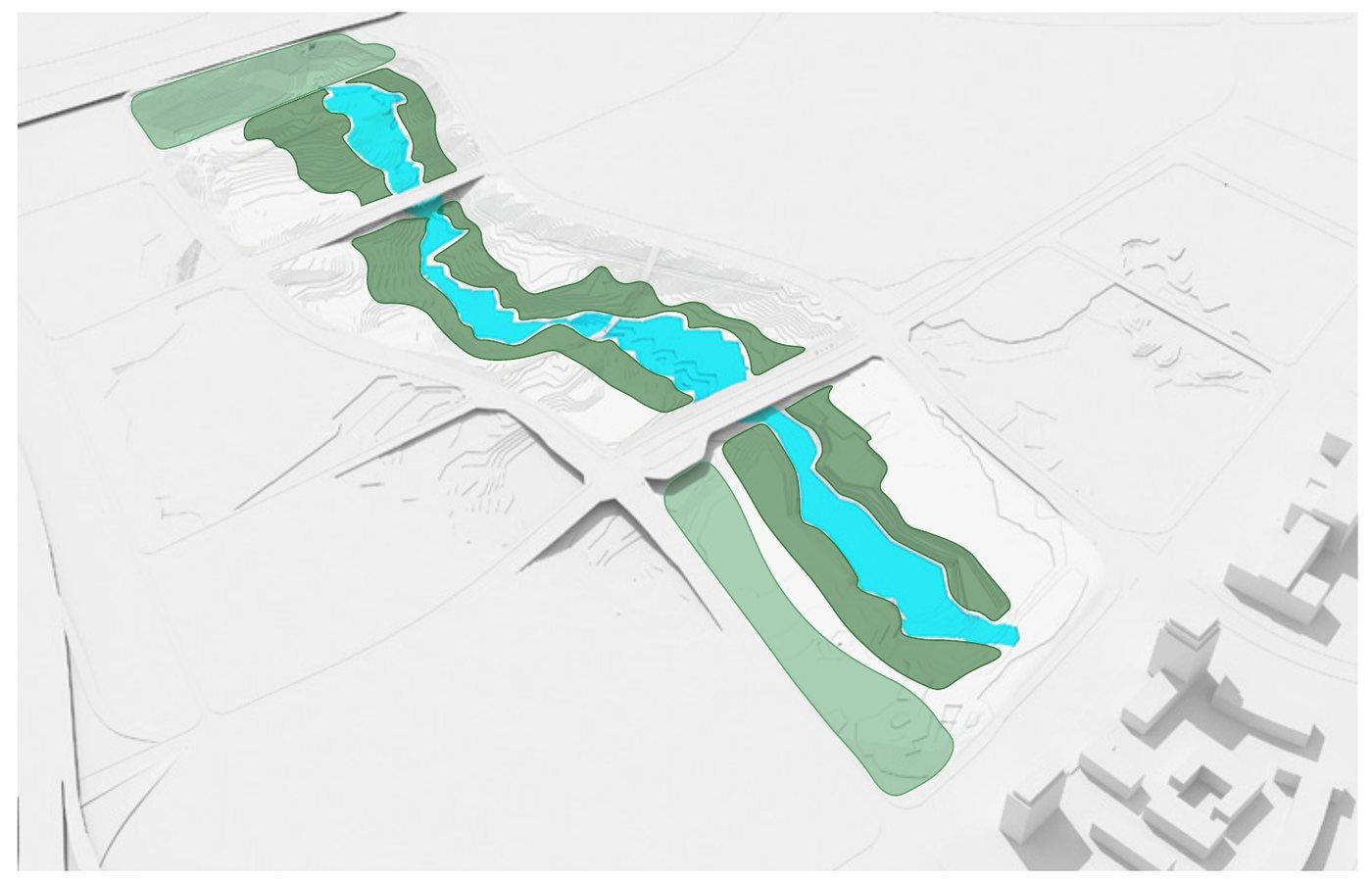 Diagram of the river, its landscaped banks and the green belts that link the plots across the valley