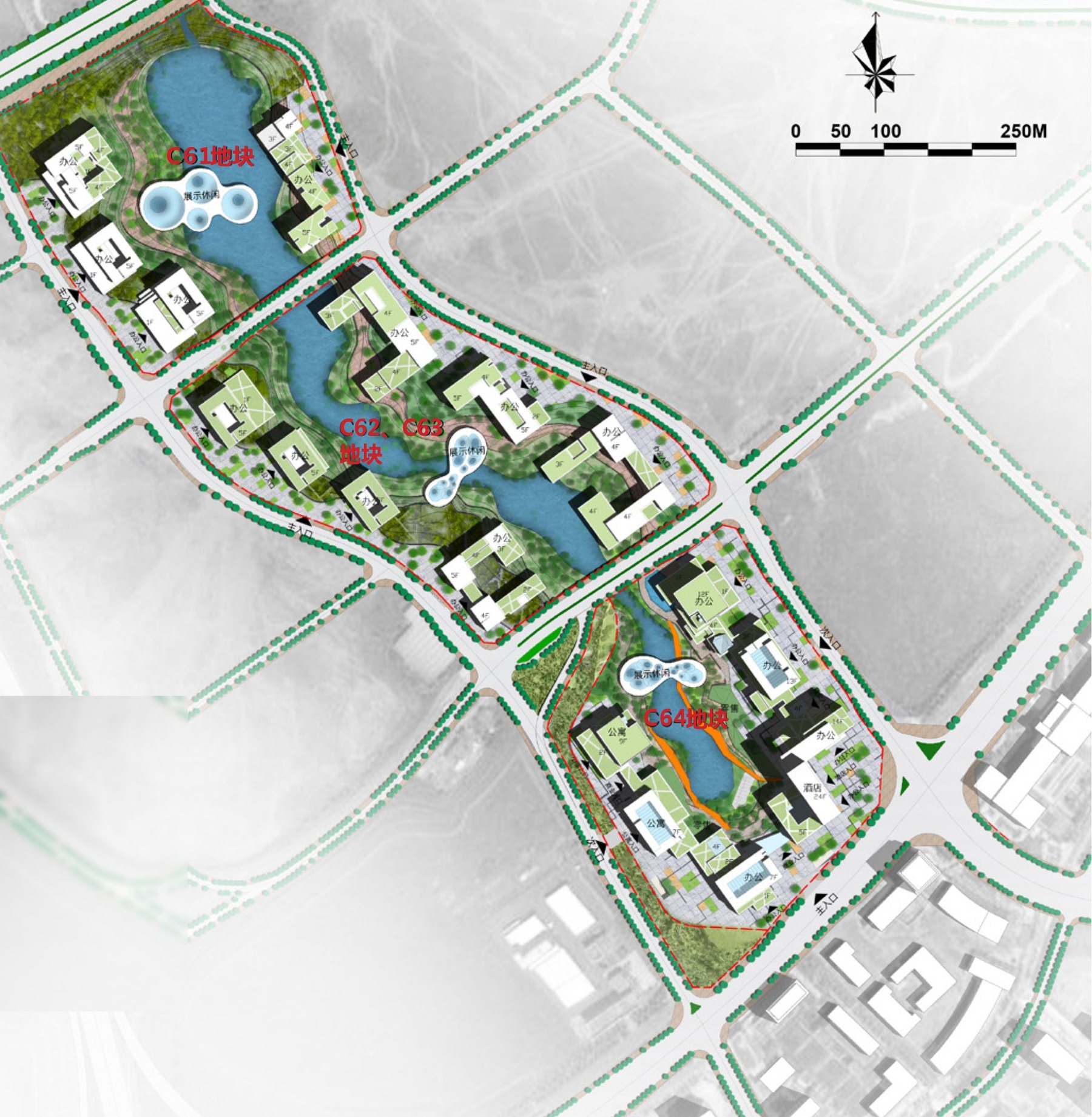 Masterplan of the three plots along the river, with building clusters, landscaped banks and pavilions on the water