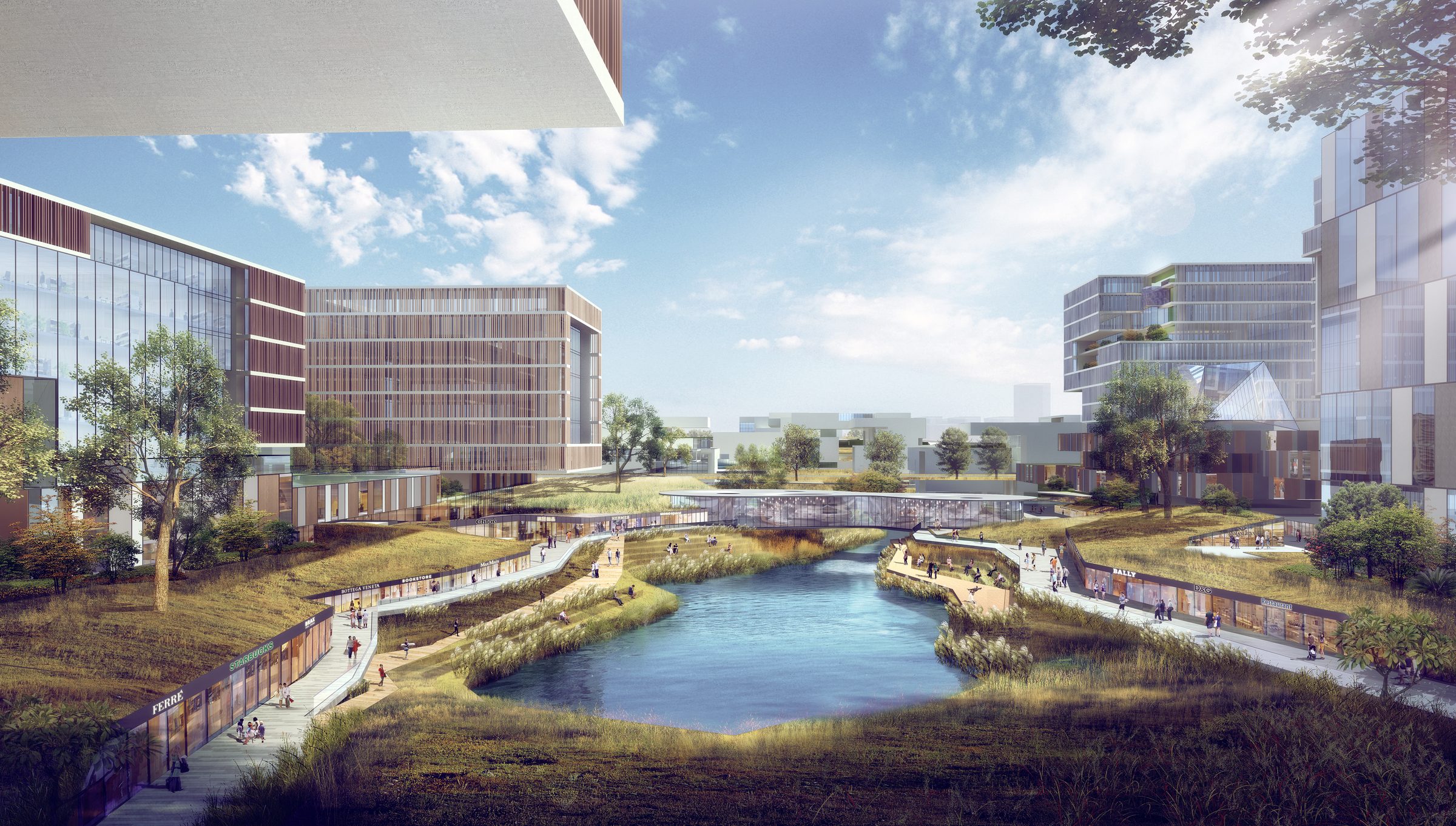 The restored river with landscaped banks and stepping paths, office buildings on both sides