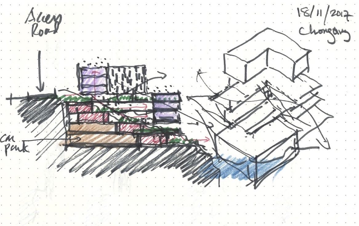 Hand-drawn section from Airport Road to the river, buildings stepping down the slope over a car park