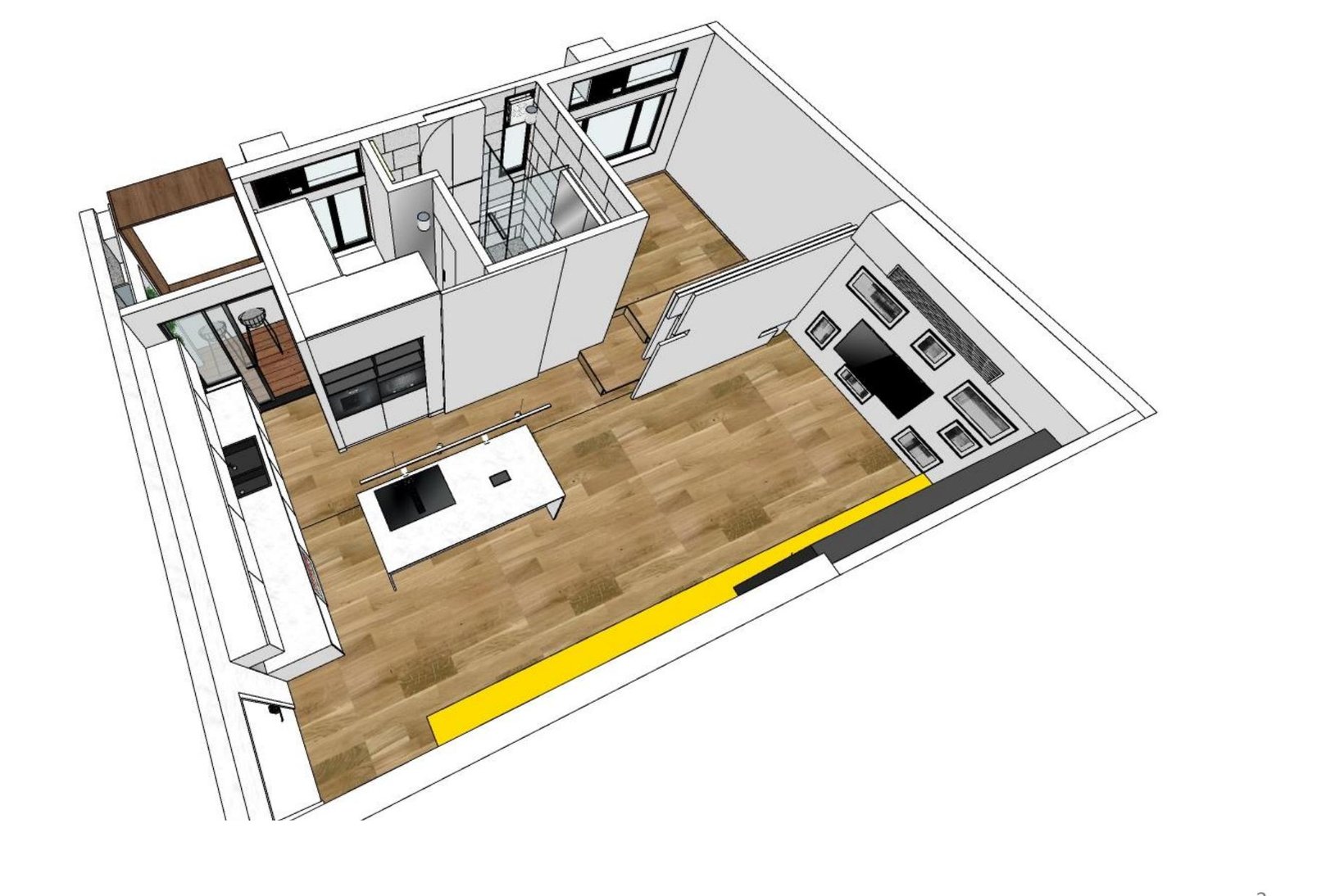 Axonometric model of the flat: an open loft with a central kitchen island and a long yellow cabinet along the window wall