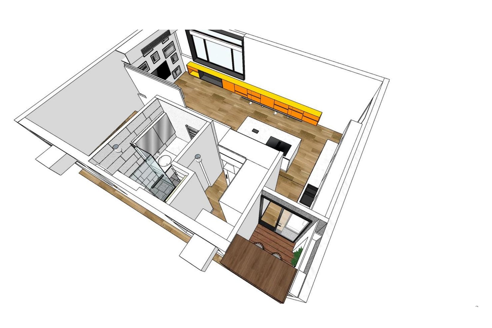 Axonometric model from the opposite side: bathroom, dressing room and the raised bed platform