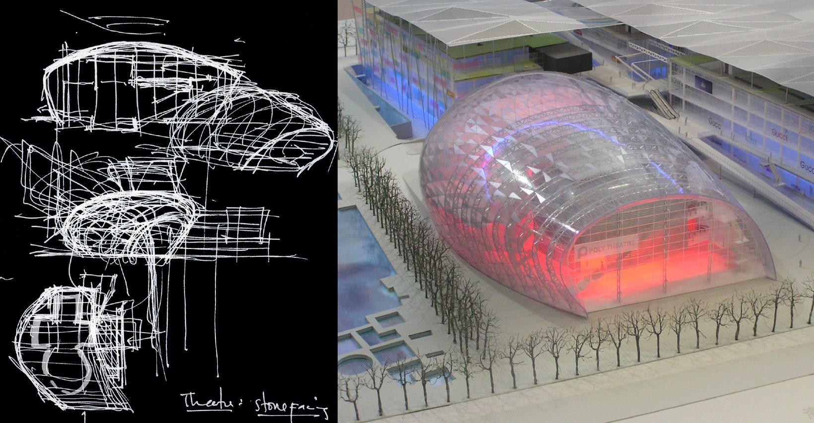 Concept sketch of the theatre’s oval form beside a planning model of the plaza, lit from within