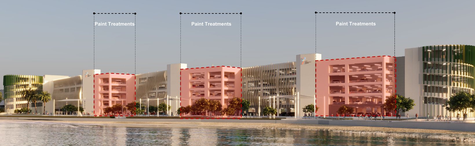 Earlier sea façade of the car park seen from the water: cream wave fins with three open parking blocks marked Paint Treatments in red