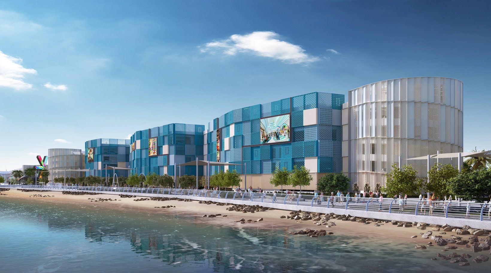 The approved car park façade seen from the sea by day: modular perforated panels in shades of blue above the waterfront promenade, with shade sails and planting