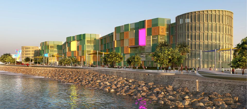Option 2, Pixel Mashrabiya: the car park seen from the sea, clad in modular perforated panels in greens and ochres