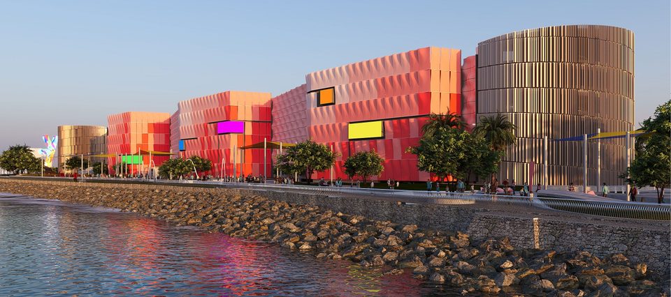 Option 3, Reef Whisper: the car park seen from the sea, clad in textured coral-red panels