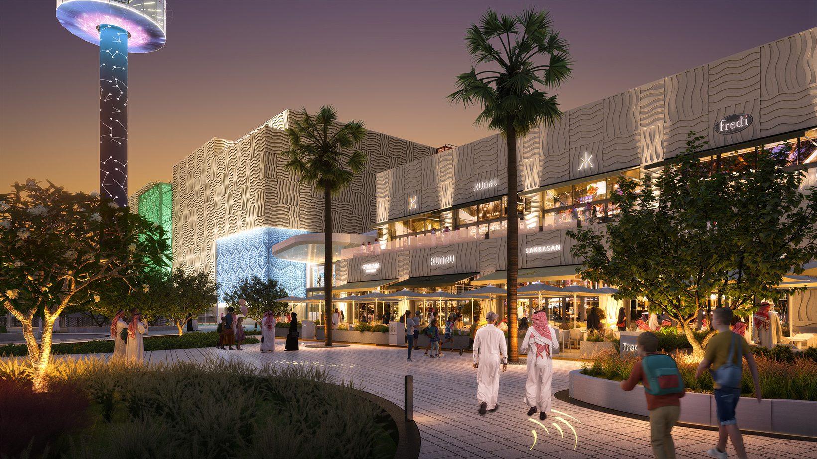 Restaurant terraces under a patterned façade at dusk, palms and paths in front