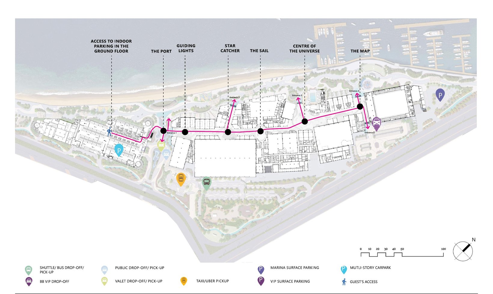 Plan of the complex with the guest route linking a sequence of themed atriums from the car park to the far entrance