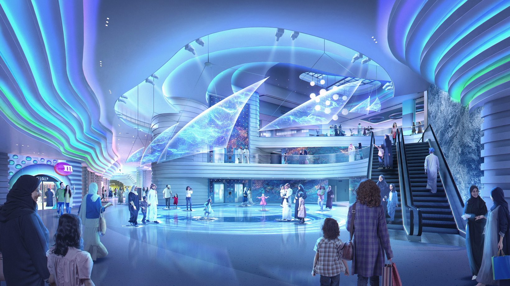 A tall atrium with sweeping white ribbons overhead and visitors on several levels