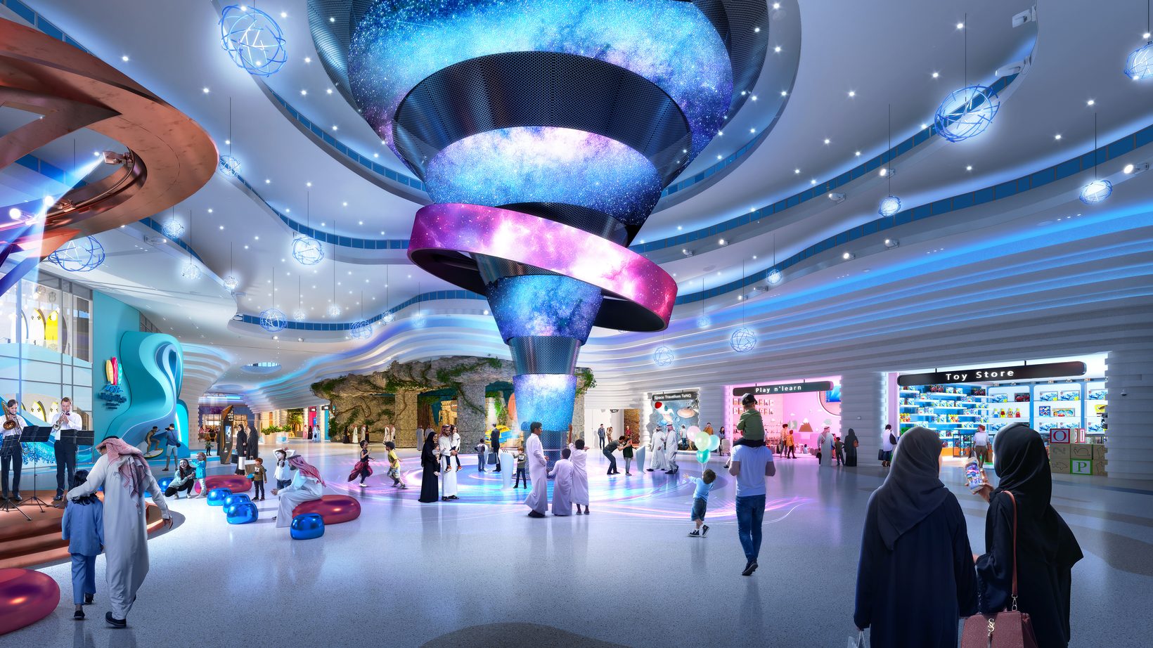 An atrium centred on a suspended, lit sculptural form, shops and visitors around it