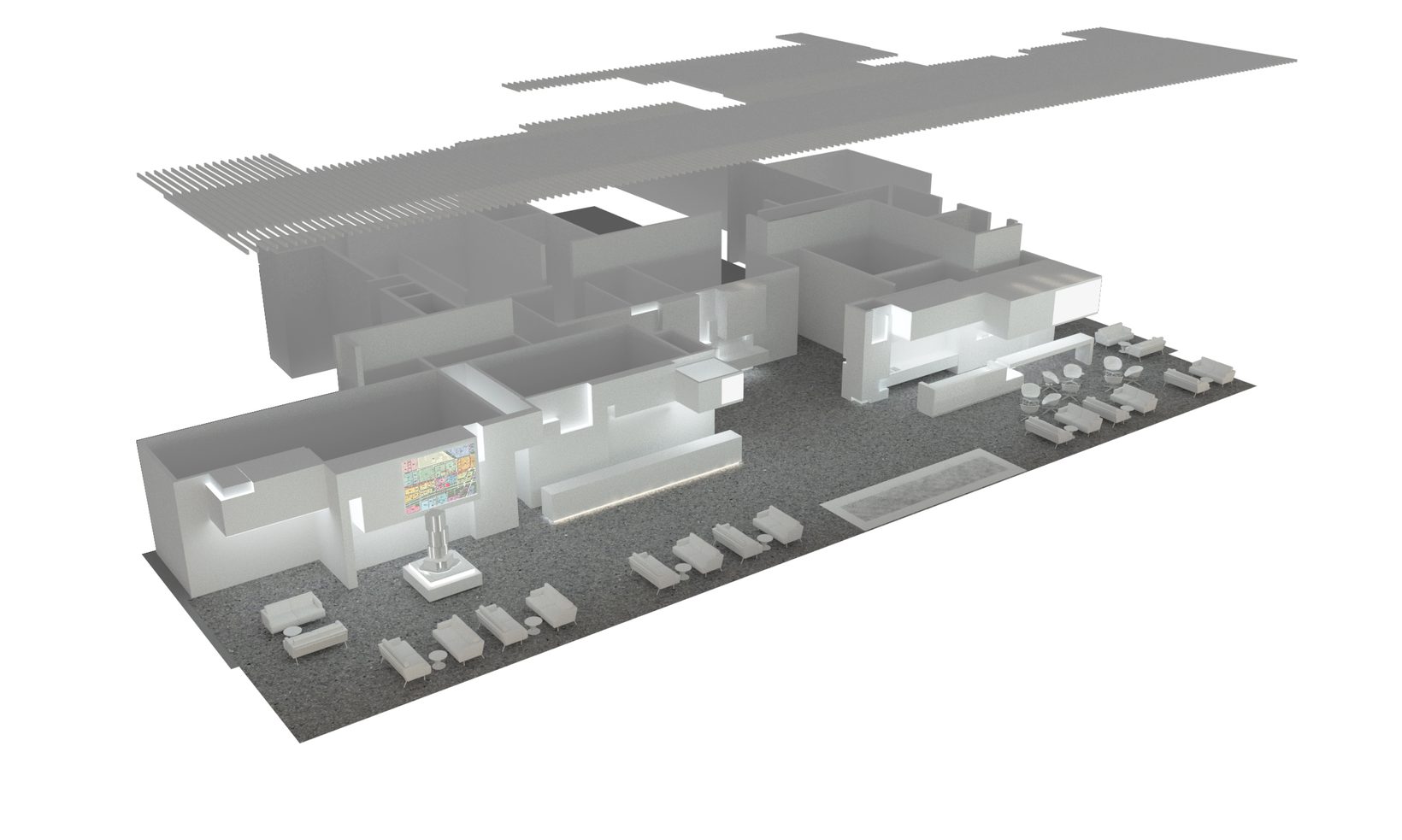 Axonometric of the interior: the feature wall of stacked volumes along one side, lounge seating and café across the open floor