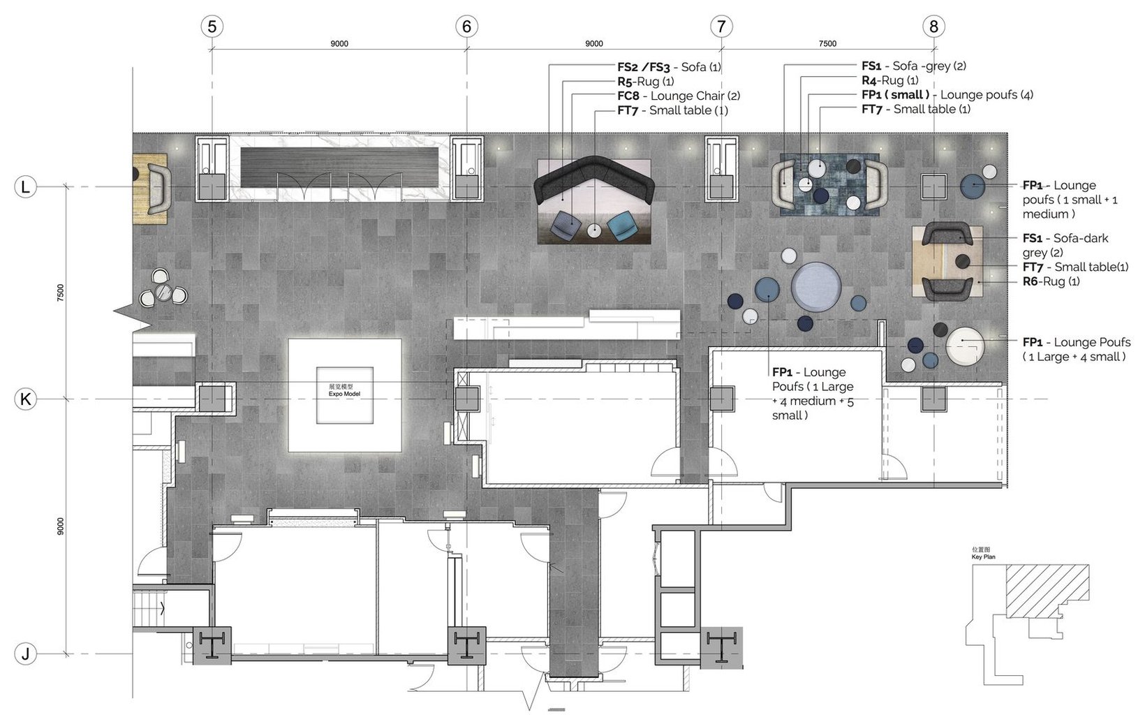 Detailed furniture plan with seating groups and the reception