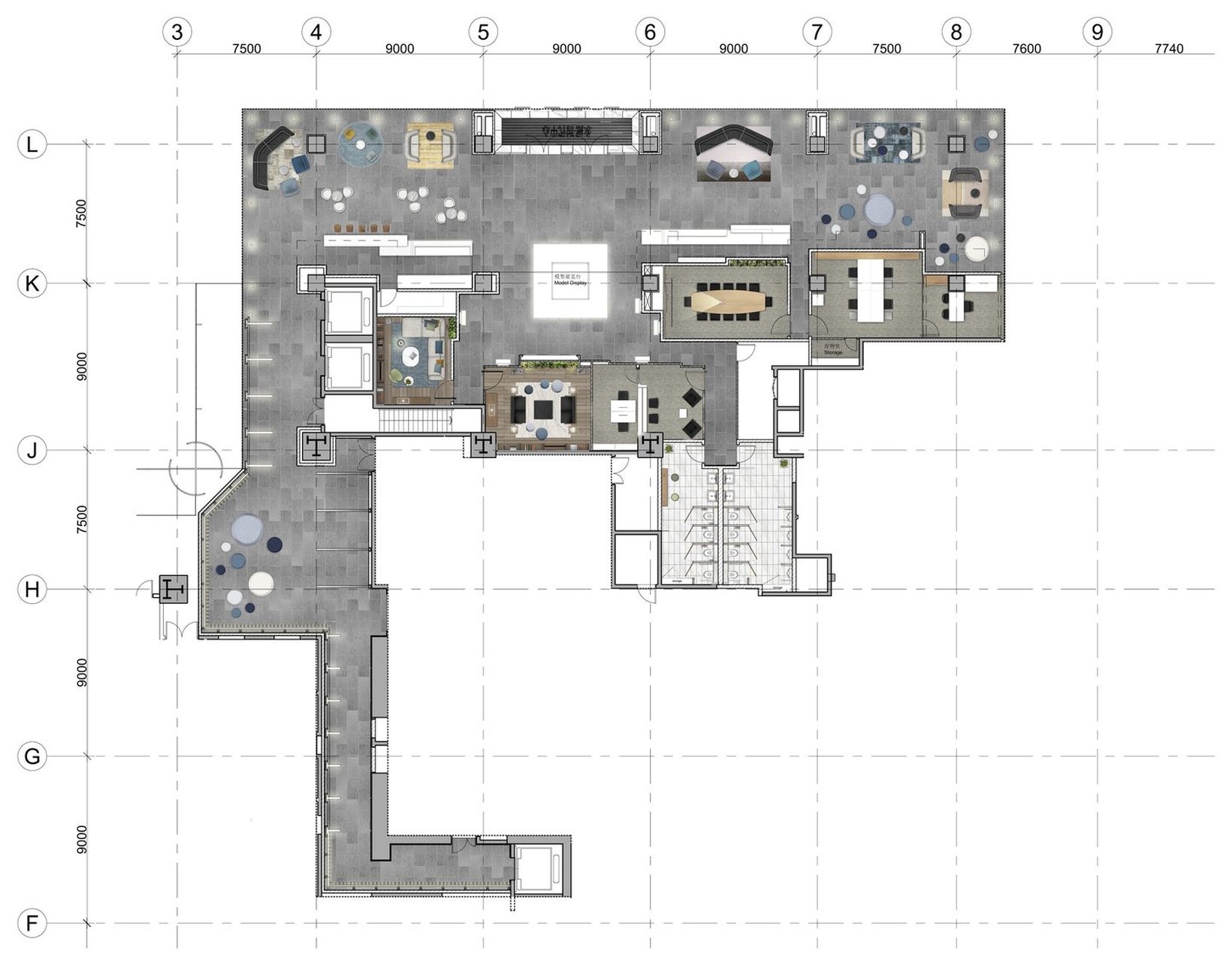 Floor plan of the sales centre showing the feature wall, lounge and café zones