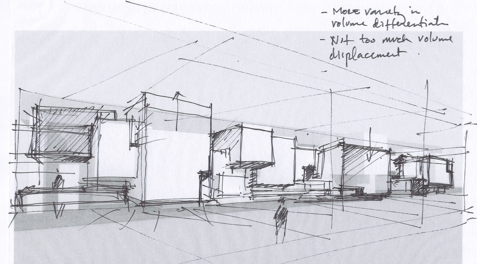 Pencil sketch of the interior: stacked, offset volumes along a long wall, with handwritten notes on volume and displacement