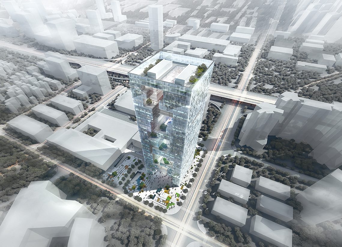 Aerial rendering from the north: the tower rising from a landscaped plaza within the dense grid of the industrial park