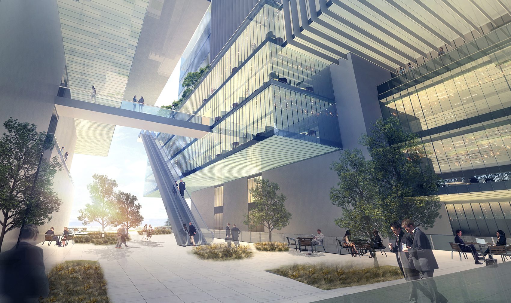 Rendering of a collaborative sky terrace: bridges and stairs cross the void between the two towers above a planted floor
