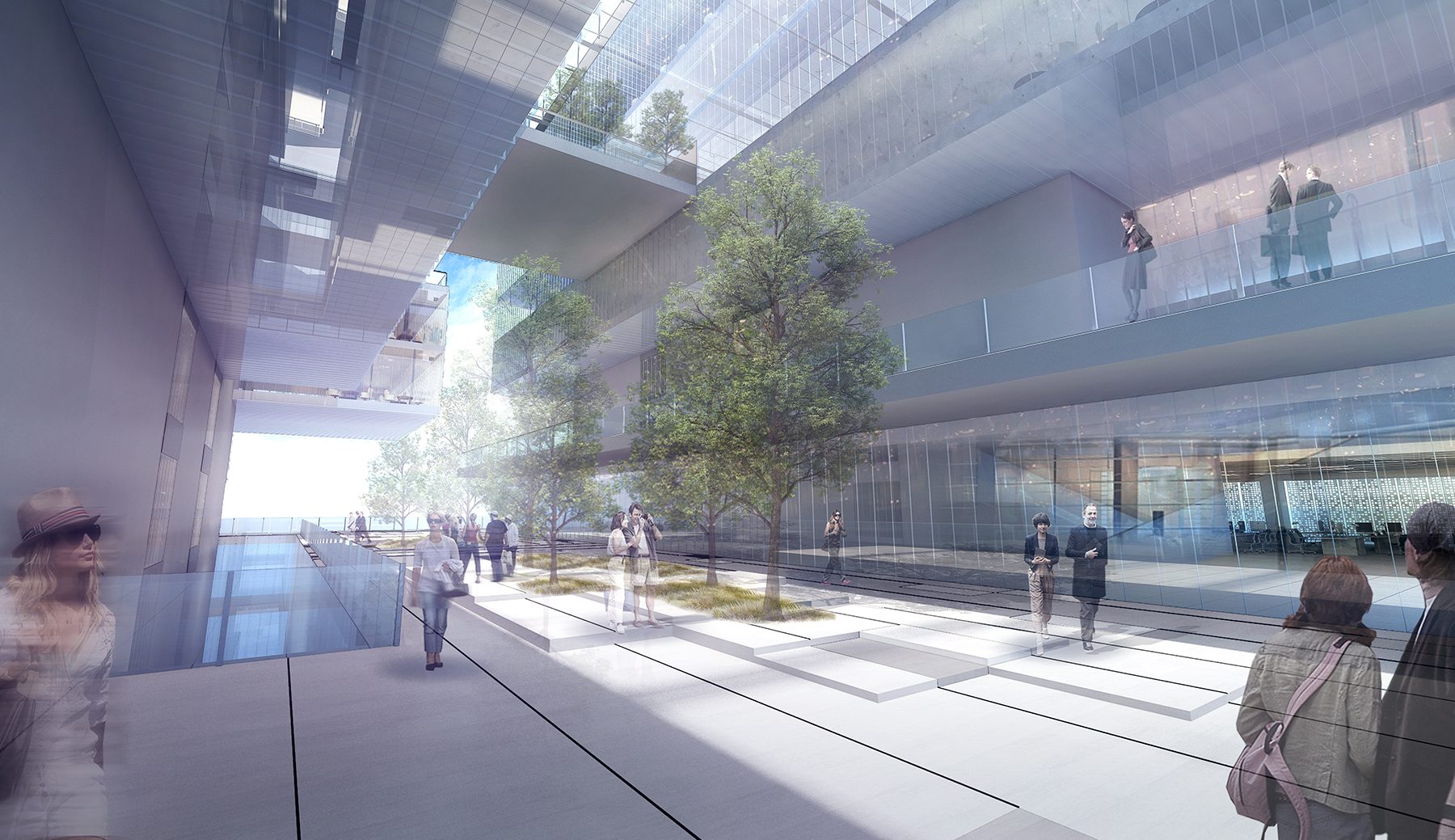 Rendering of the executive sky terrace: trees and seating in a tall open-air room between the towers