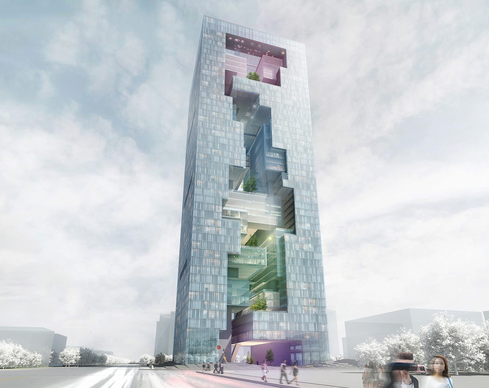 Street view from the south: a 200-metre glass tower split by a vertical void of stacked terraces and gardens