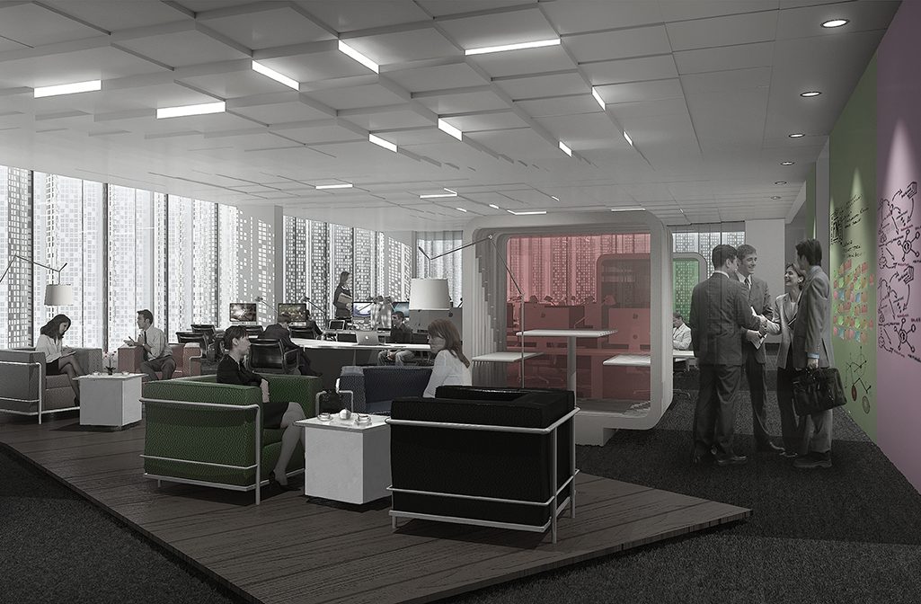 Rendering of an R&D workspace with lounge seating and a meeting pod