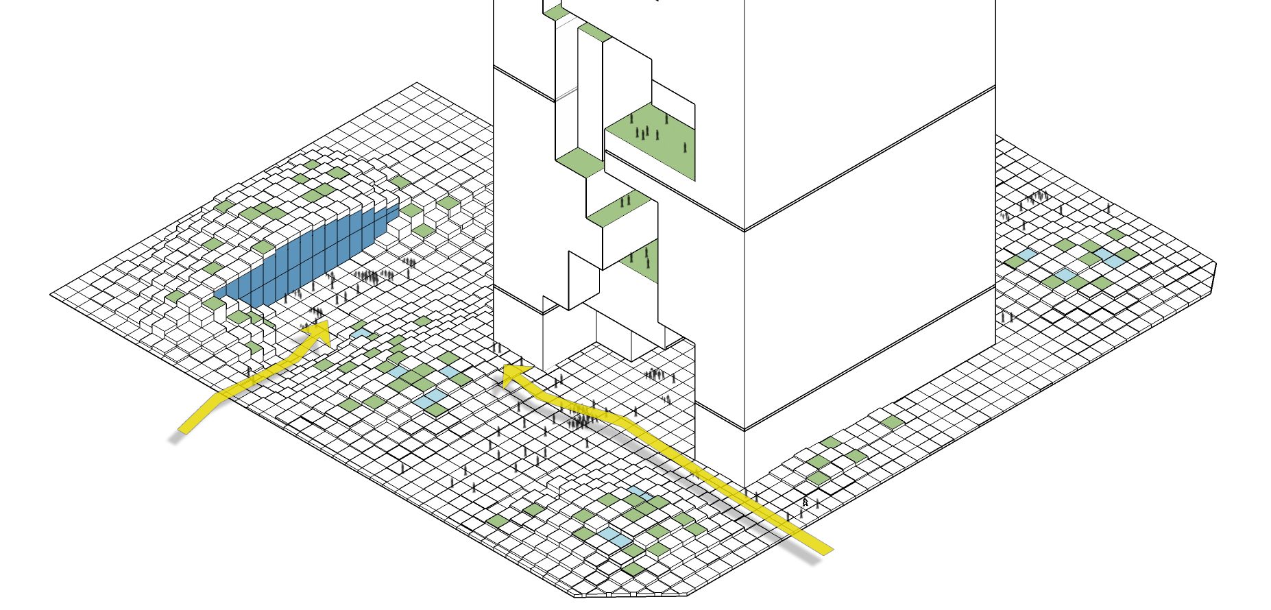 Diagram of the landscape grid and retail: paving, water and green cells around the tower base, with pedestrian routes