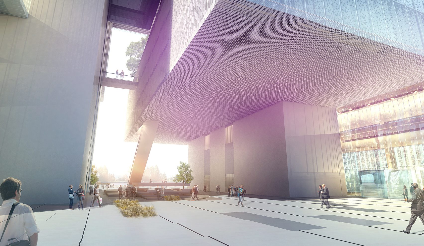 Rendering of the open lobby: a soaring covered space beneath the tower, open to the plaza on both sides