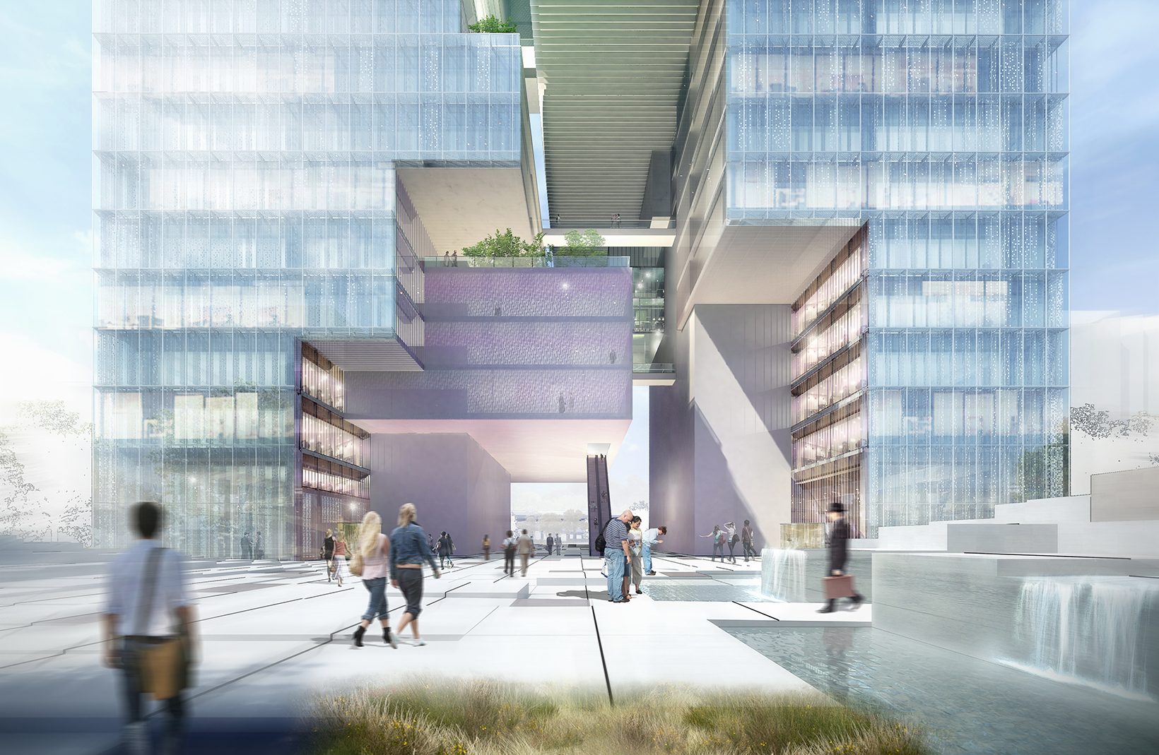 Rendering of the north plaza: water steps and planting lead under the open base of the tower