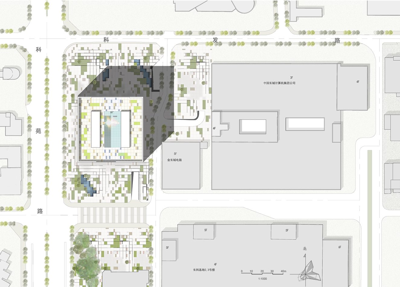 Site plan: the tower and its gridded landscape within the surrounding streets and buildings