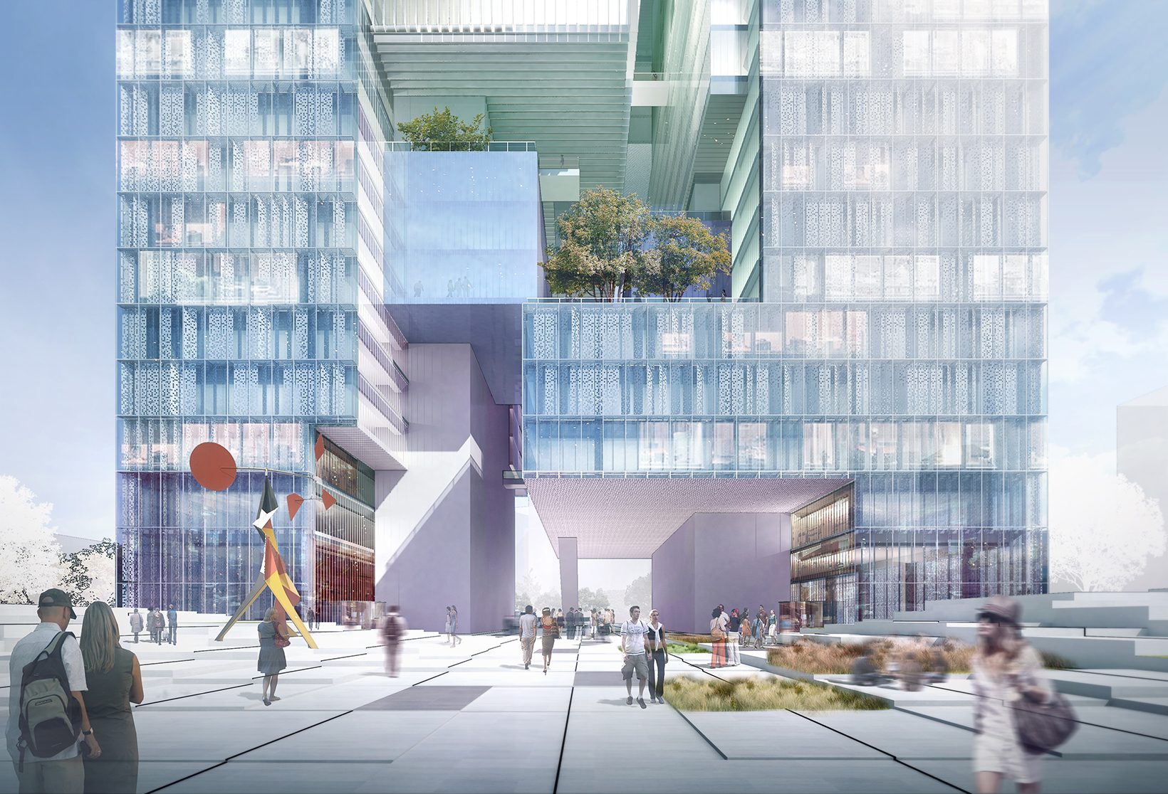 Rendering of the south plaza: people crossing a paved square beneath the stacked volumes of the tower