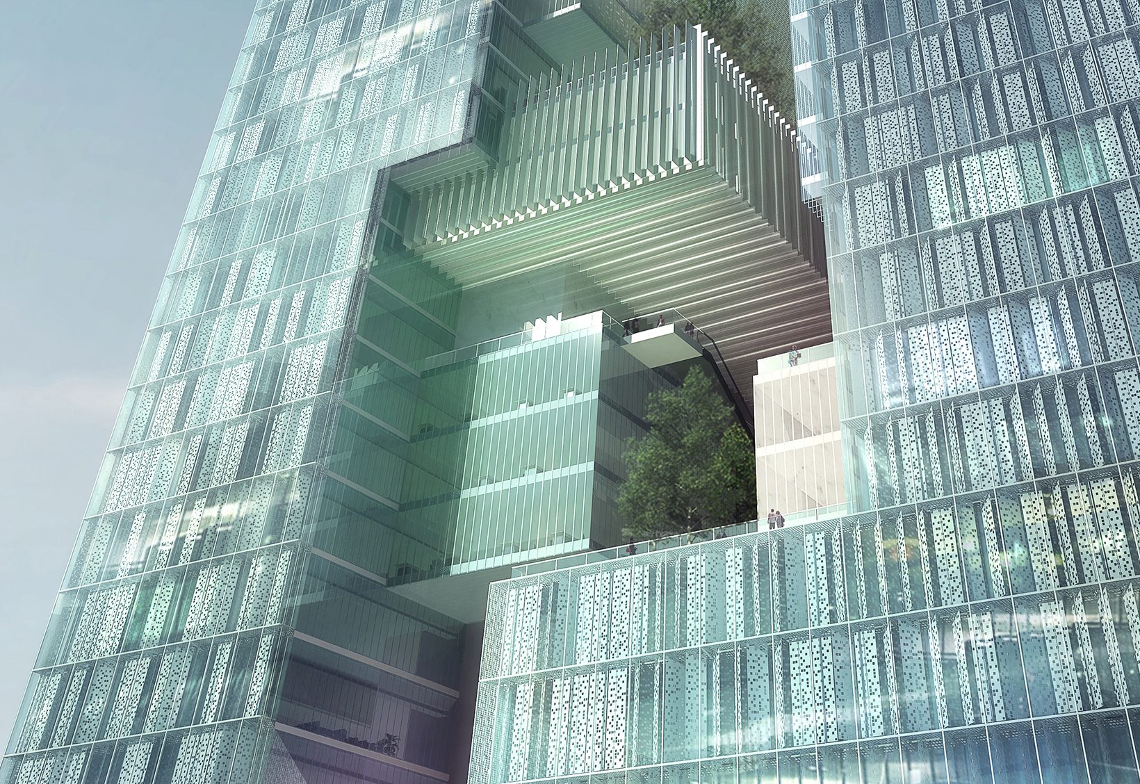 Close rendering of the void: glass volumes and planted terraces cantilever into the gap between the two towers