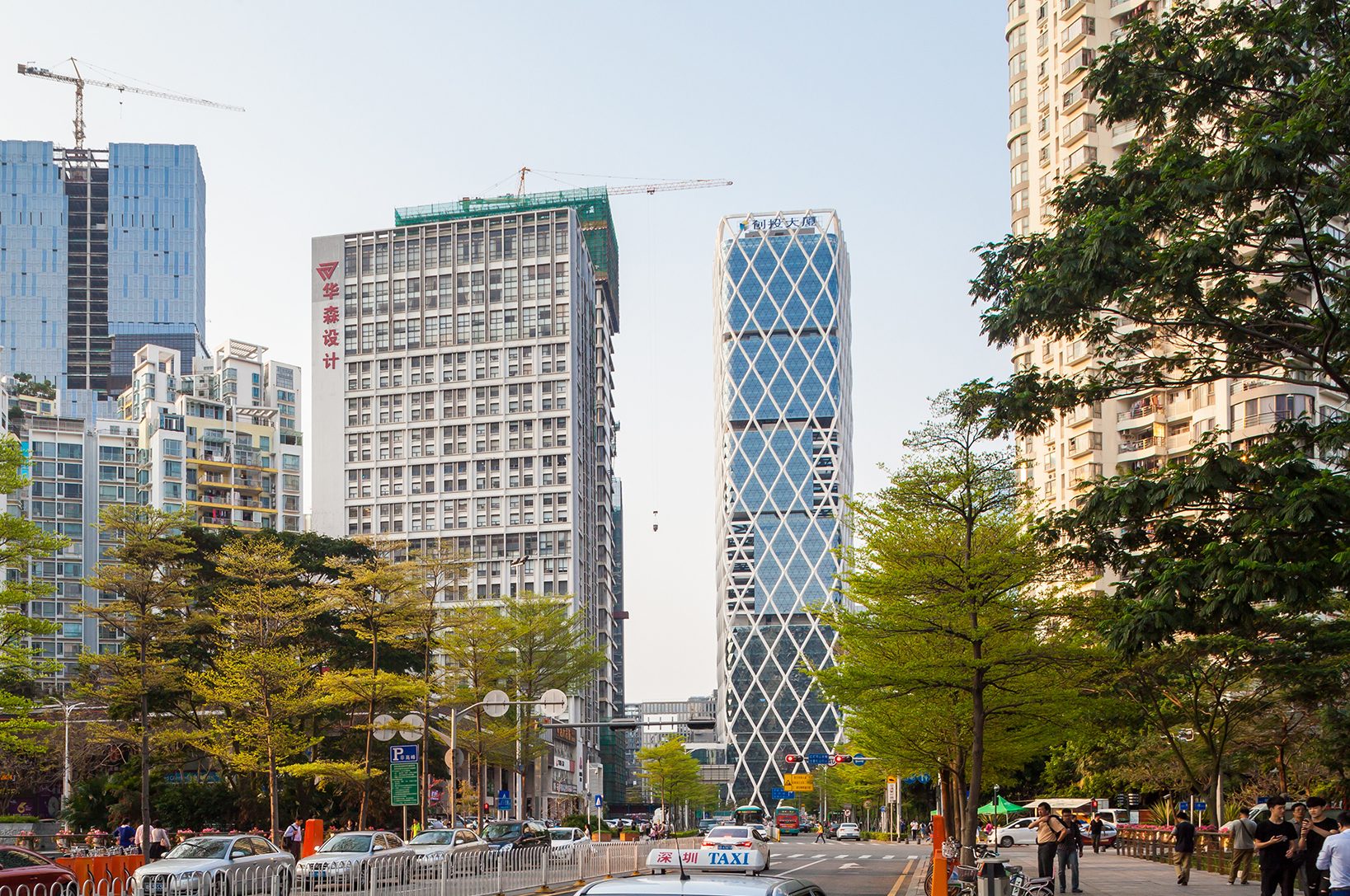 Street photograph: the tower rising beyond trees and traffic on a Nanshan avenue