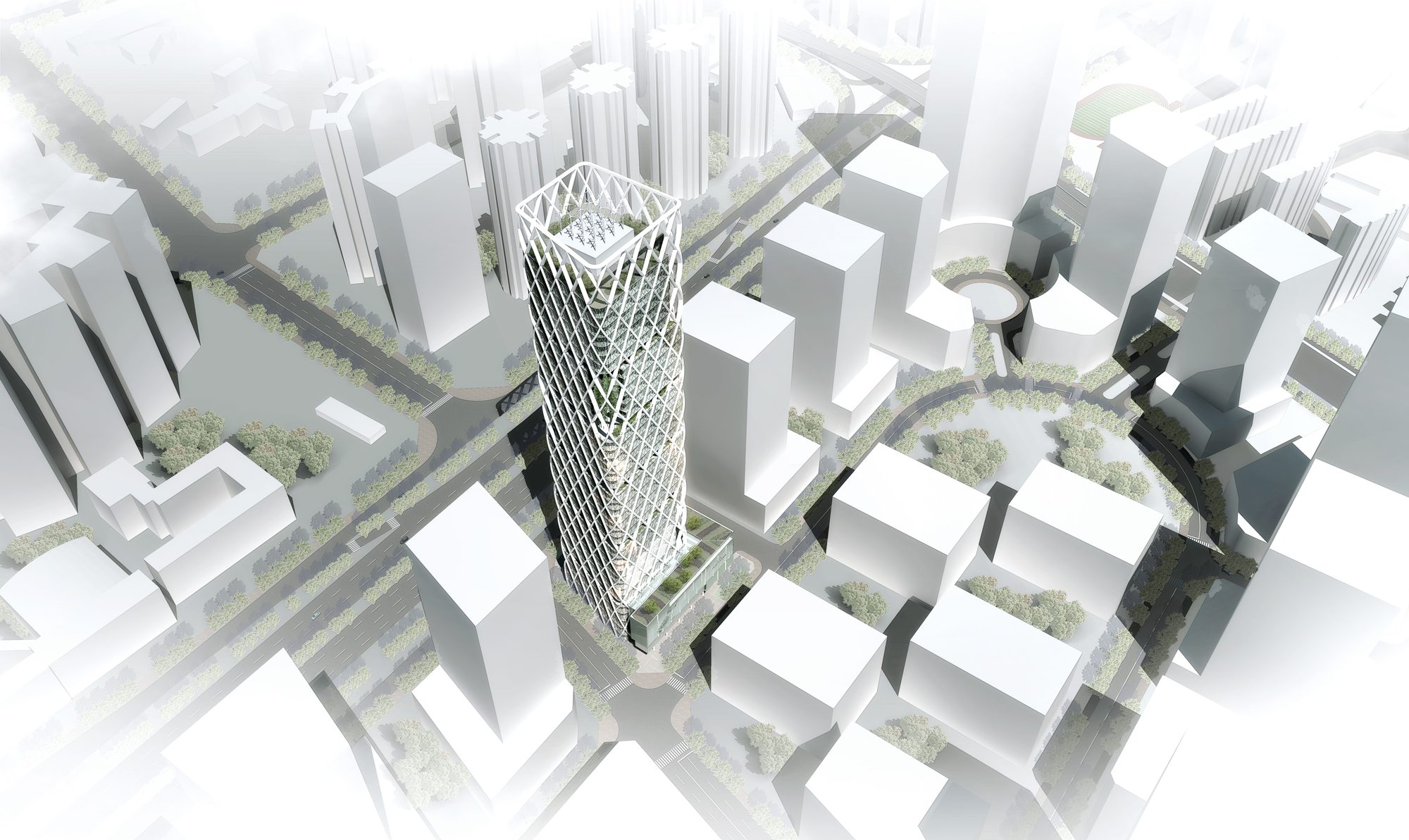 Aerial rendering of the tower within the Nanshan high-tech district, surrounded by white massing of neighbouring blocks