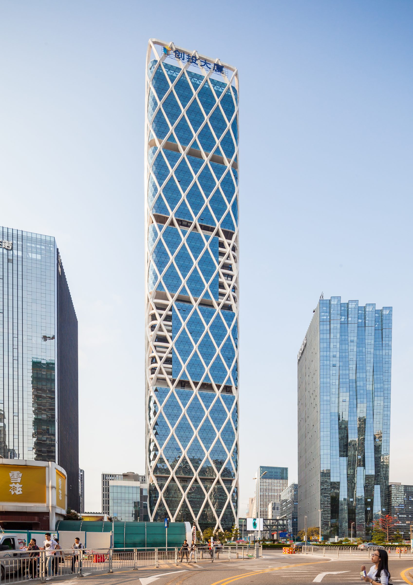 The full height of the tower from street level, its lattice from base to crown