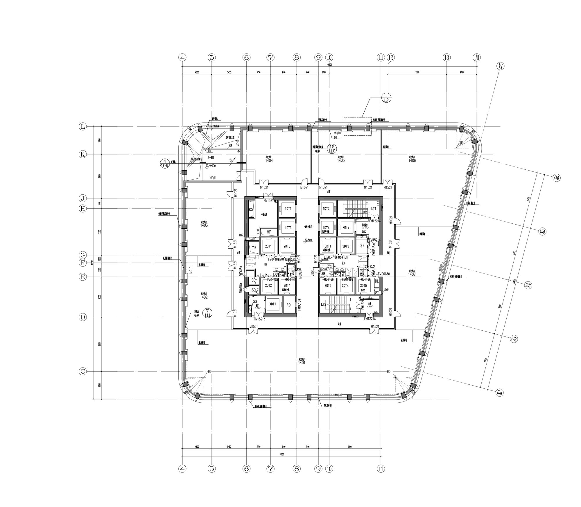 Typical office floor plan: a central core and open floor to a perimeter of diagonal structure